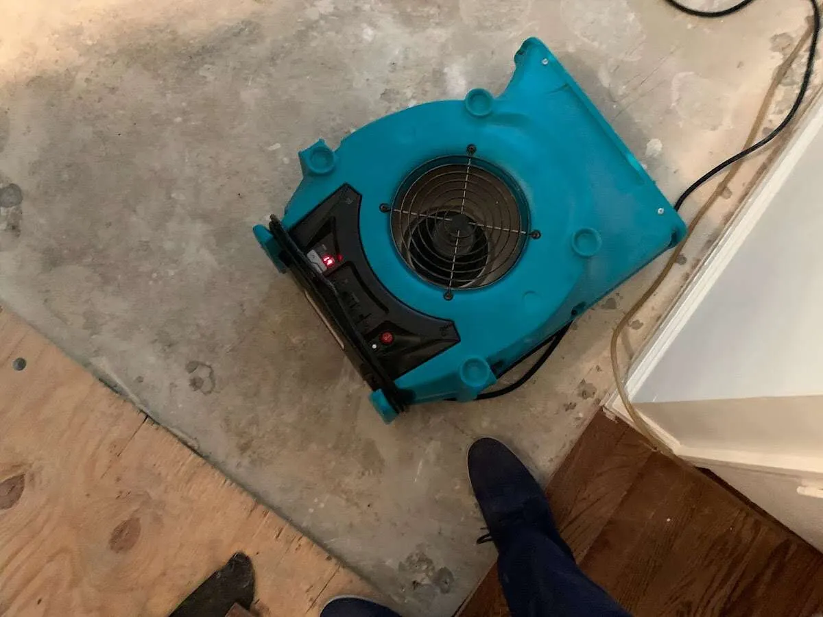 Air mover drying subfloor during Leak Detection & Repair in Stickney